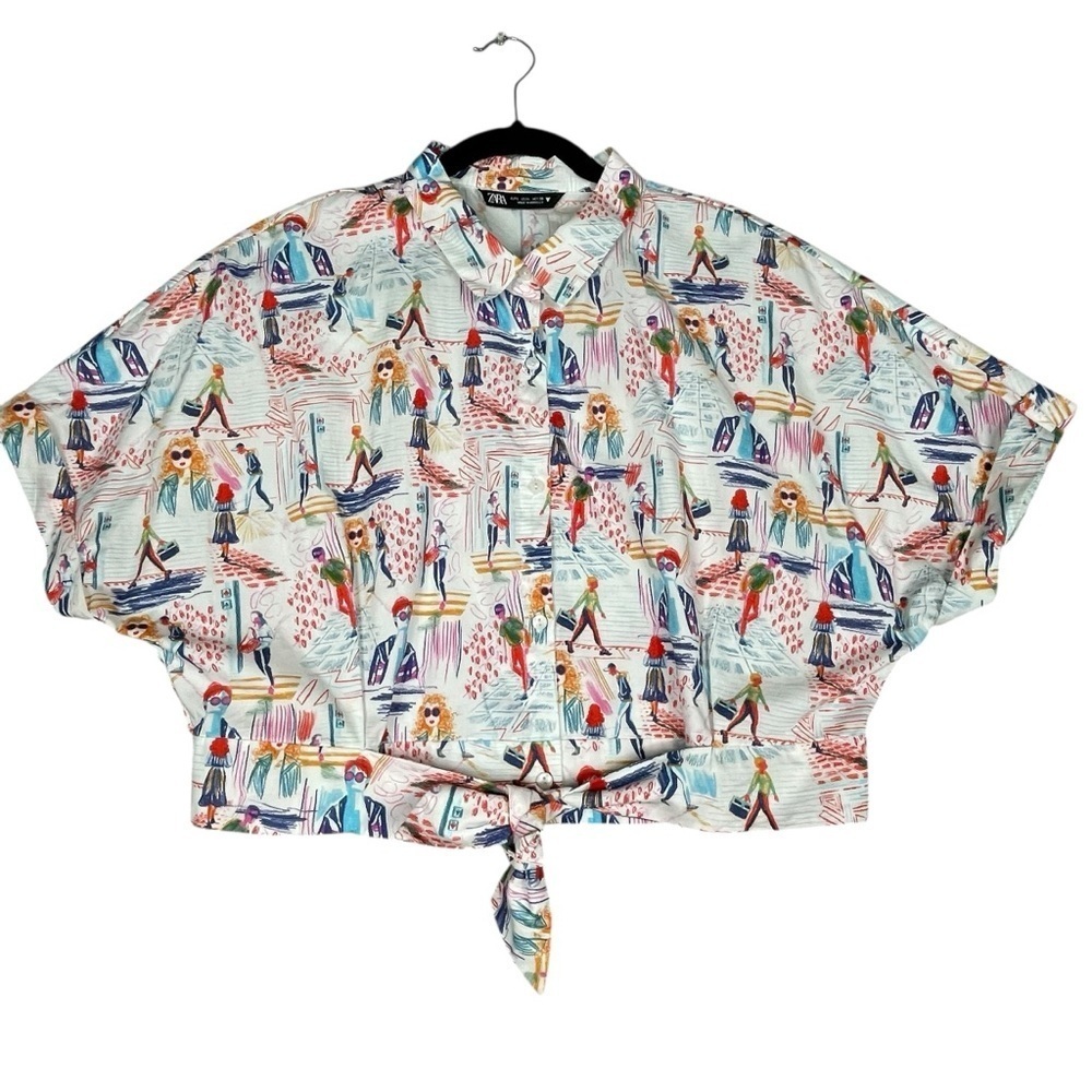 Tie-Front Printed Button-Up Top - White Multi